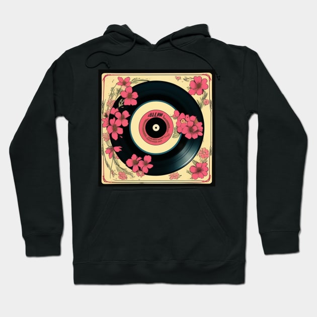 Vintage Floral Pink Aesthetic Flowers Vinyl Record Hoodie by musicgeniusart